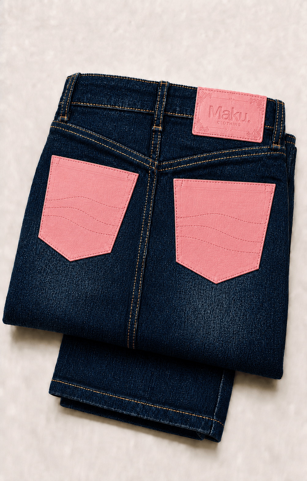 Folded MAKU Blush jeans showing pink contrast pockets and label