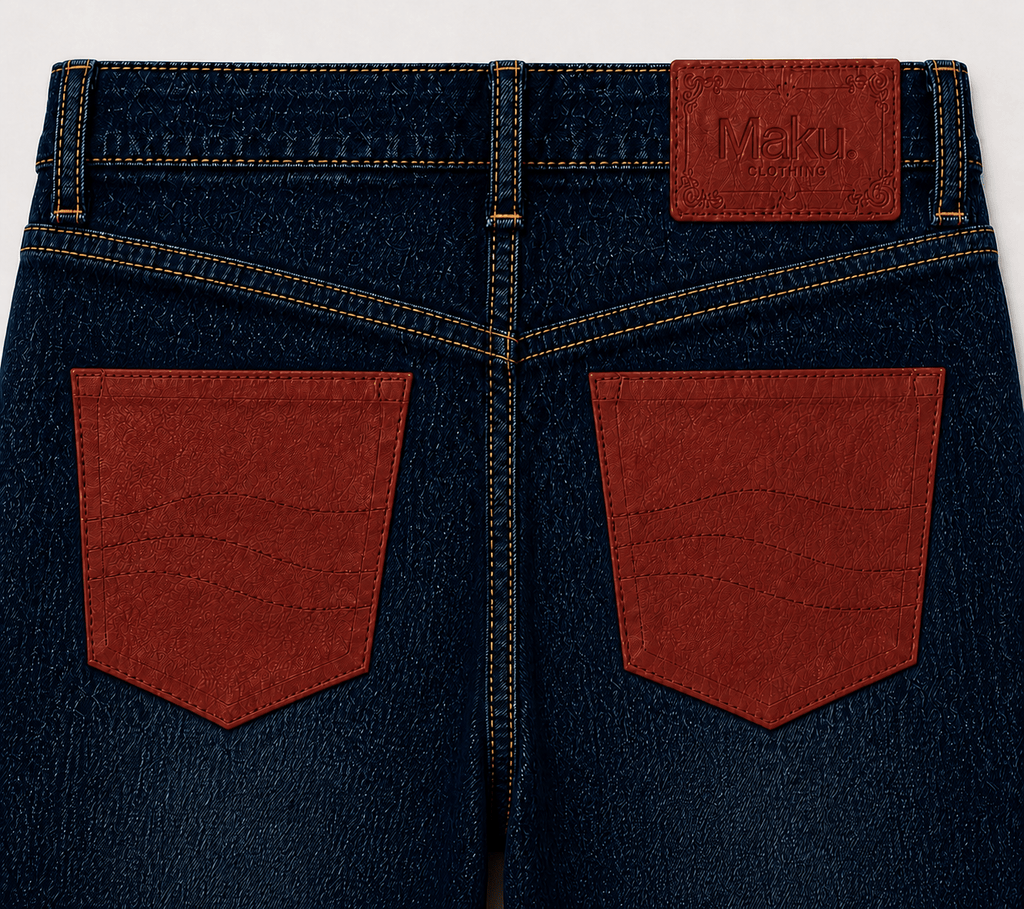 Close-up of MAKU Ember red-brown contrast back pockets and dark indigo denim