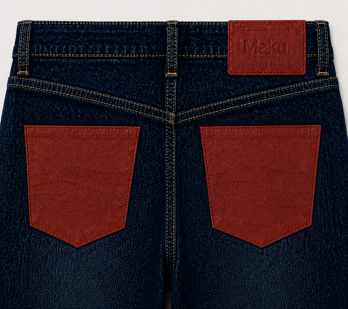 Close-up of MAKU Ember red-brown contrast back pockets and dark indigo denim