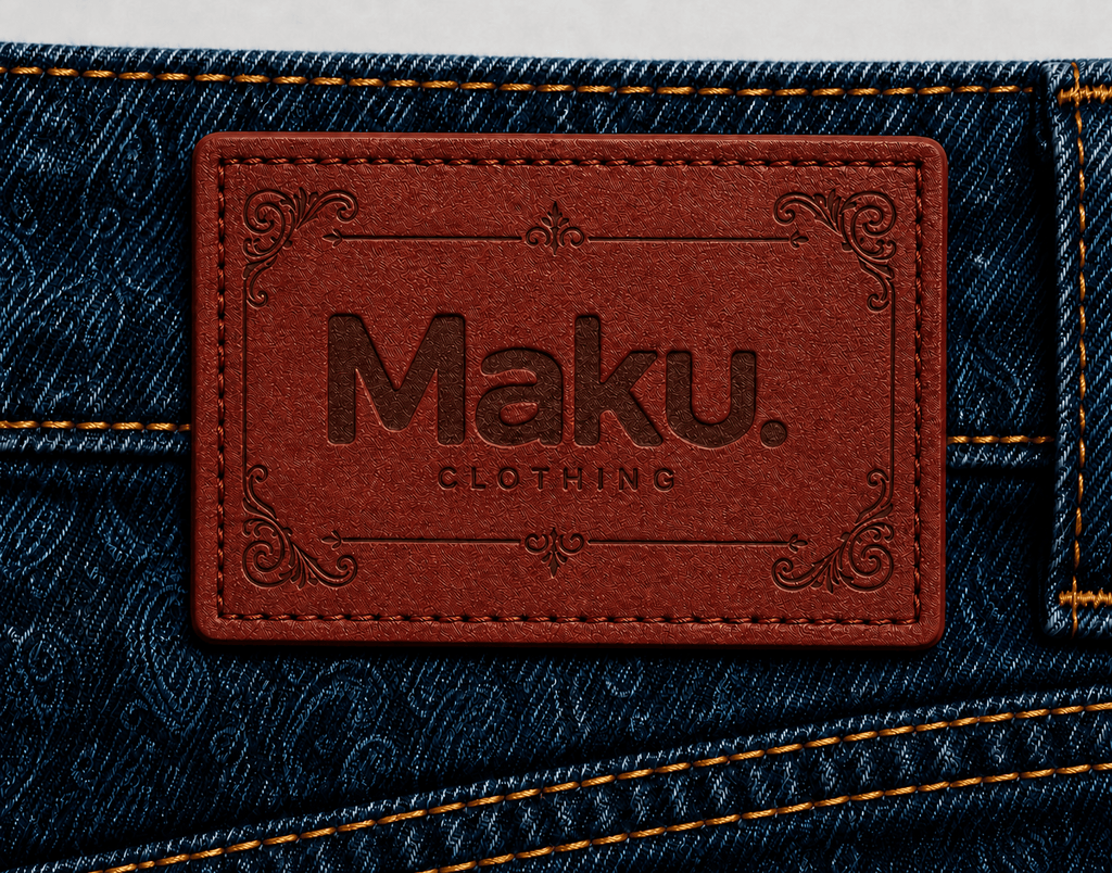 MAKU Ember deep red-brown waist label on dark indigo denim