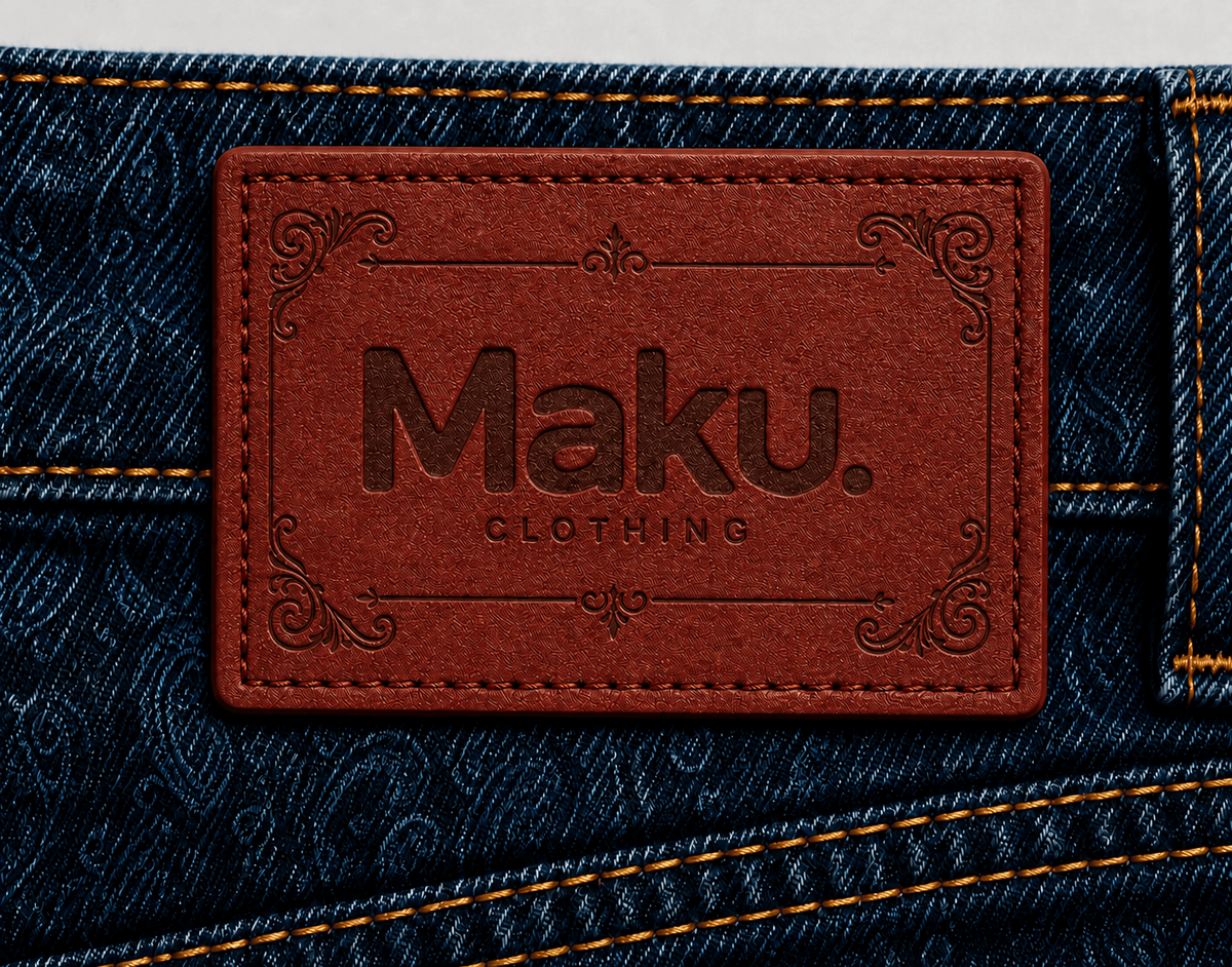 MAKU Ember deep red-brown waist label on dark indigo denim