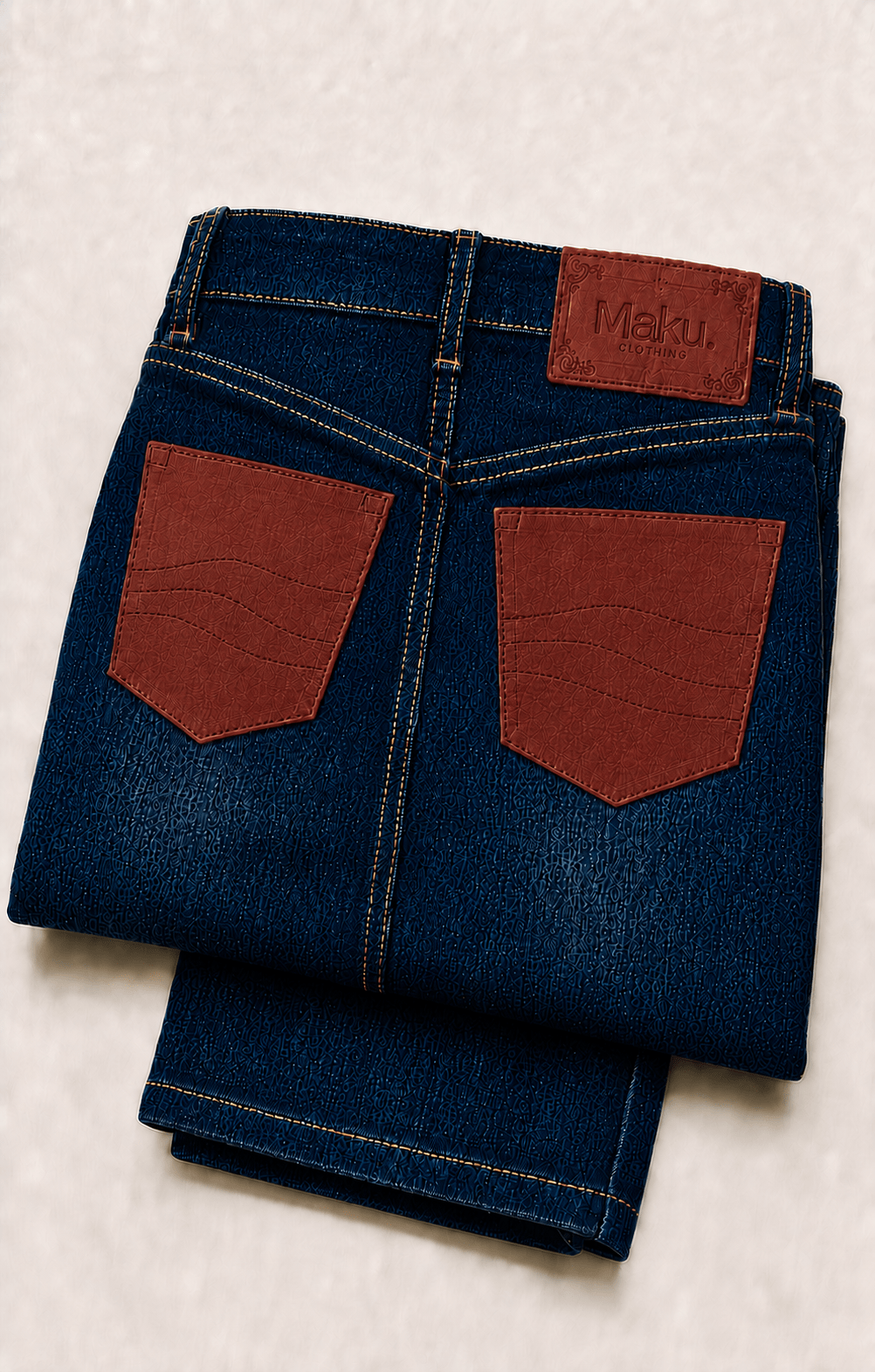 Folded MAKU Ember jeans showing red-brown contrast pockets and label